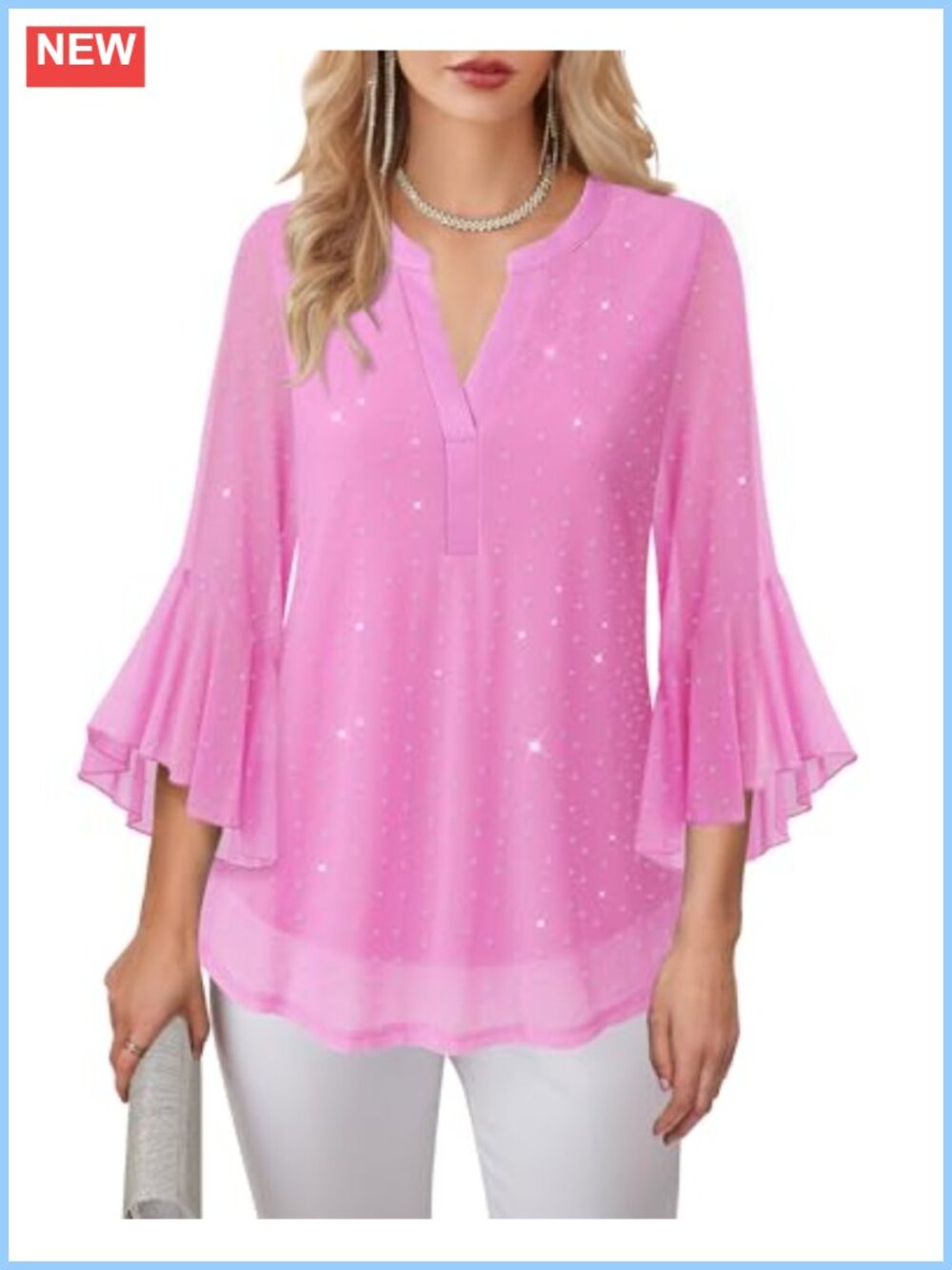 Women's 3/4 Bell Sleeve V Neck Blouse Tunic Dressy Casual Work Top